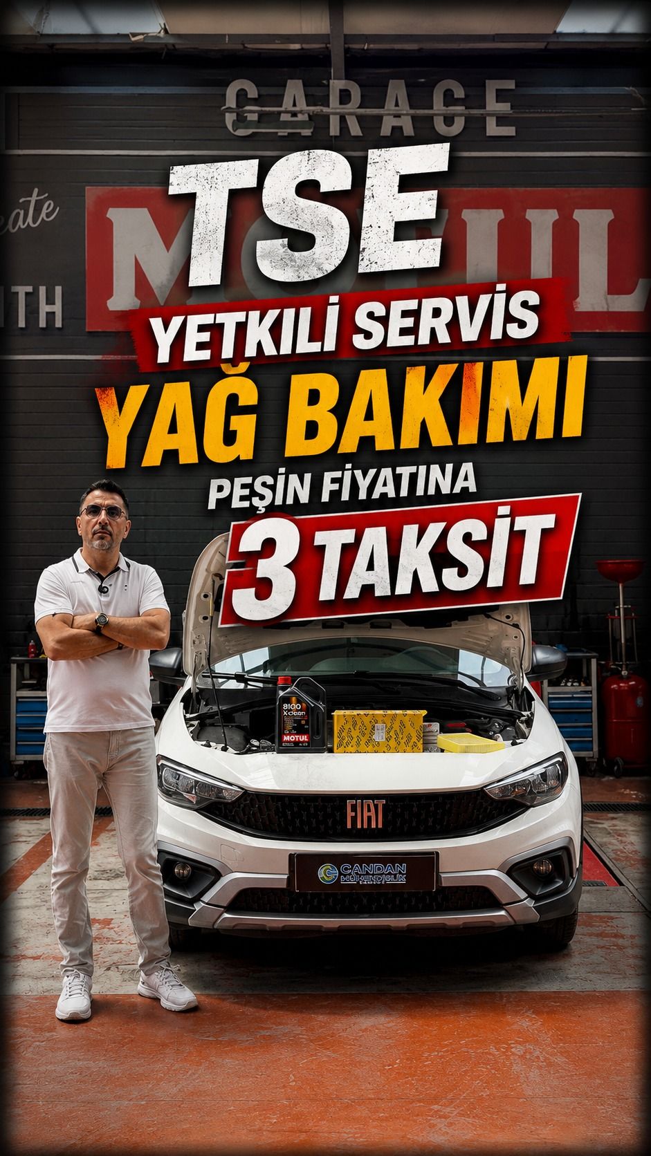 Candan garajında Fiat Egea için yağ ve filtre bakım ürünleri